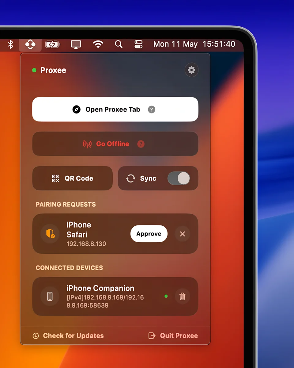 Proxee menu bar app popover